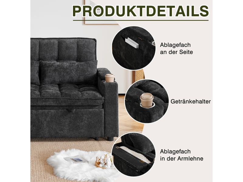 Canapé convertible 3 en 1 142 cm - canapé-lit avec fonction détente, coussins effet nuage, rangement intégré, porte-gobelets et coussins lombaires - chenille noir - Conforama D
