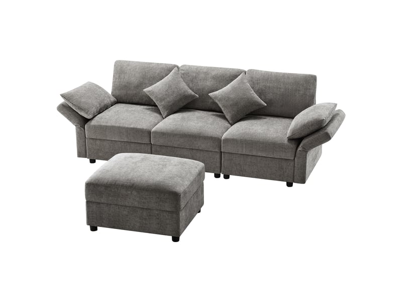 Canapé d'angle en l avec pouf modulable, 3 à 4 places en tissu chenille gris, accoudoirs réglables, idéal pour salon et appartement - Conforama A