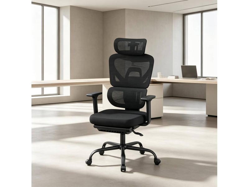  Chaise de bureau ergonomique noire, repose-pieds réglable et dossier inclinable  - Conforama D