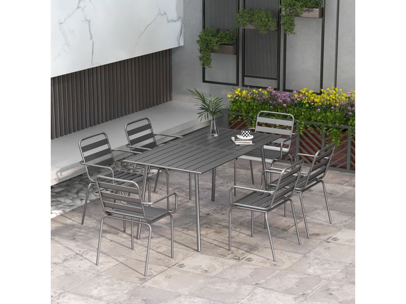 Salon de jardin ensemble salle à manger de jardin 7 pièces avec 1 table et 6 chaises empilables en acier gris foncé - Conforama C