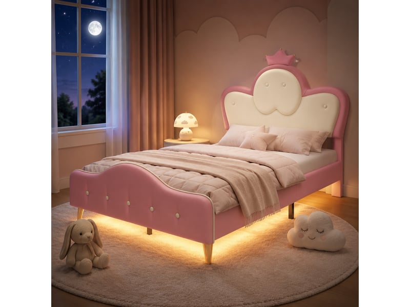 Lit enfant 90x200 cm rembourré avec led, tête de lit couronne, rose et blanc  - Conforama B