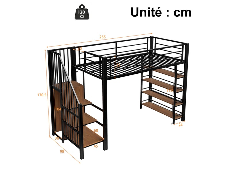  Lit mezzanine, lit simple avec escalier à rangements, penderie et étagères, 90x200 cm, sans matelas, noir  - Conforama D