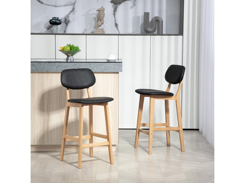 Lot de 2 tabourets de bar, revêtement synthétique avec dossier et pieds en bois, chaises hautes, noir  - Conforama D