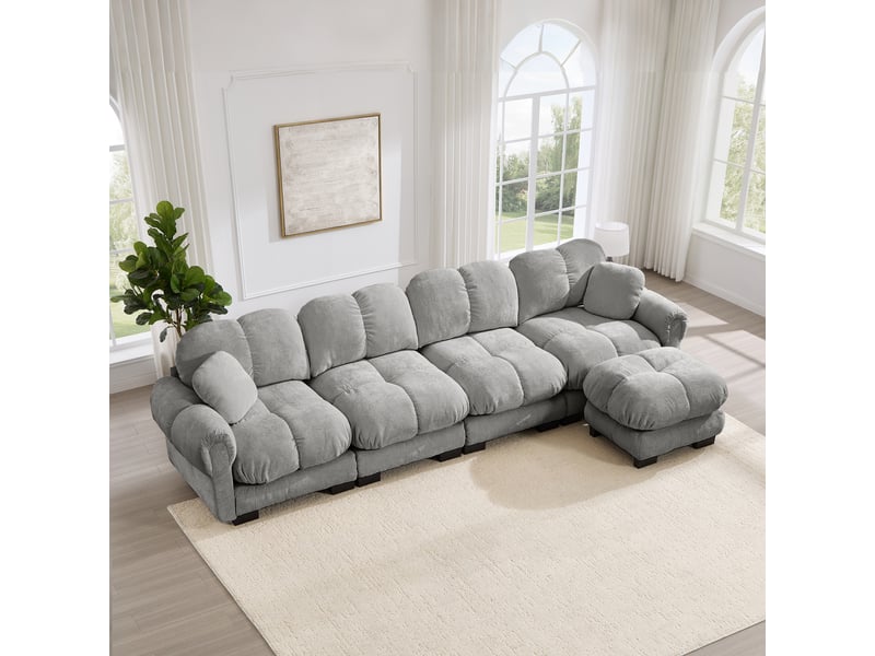  Canapé d'angle modulable 4 places avec ottomane mobile - lpospi - dossier courbé, chenille gris clair 330 × 149 × 90 cm  - Conforama B