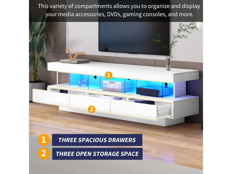  Meuble tv 160x40x50, brillant avec 3 compartiments verre, éclairage led meuble tv avec rangement  - Conforama E