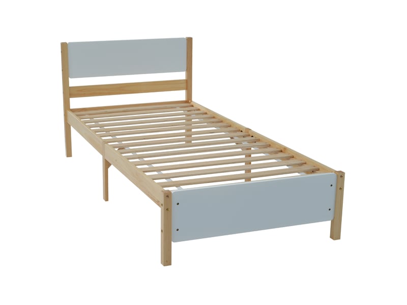  Lit simple 90x200 cm avec tête et pied de lit, bois et mdf, blanc et naturel sans matelas  - Conforama D