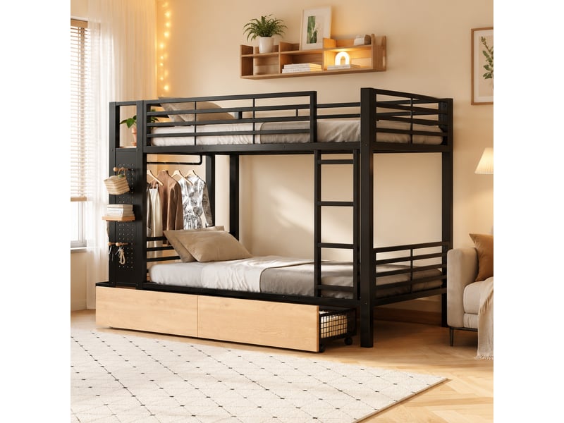 Lit superposé avec rangement 90x200 cm, tiroirs, étagères, panneau perforé, led, penderie, modules réversibles, métal noir Radiant Stride - Conforama D