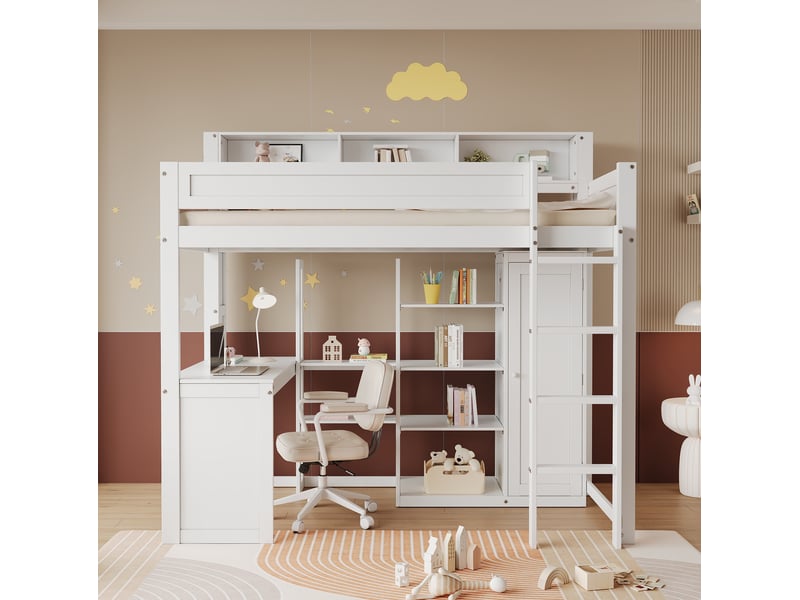  Lit superposé enfant 90 x 200 cm avec bureau, armoire, rangements et échelle, blanc  - Conforama E