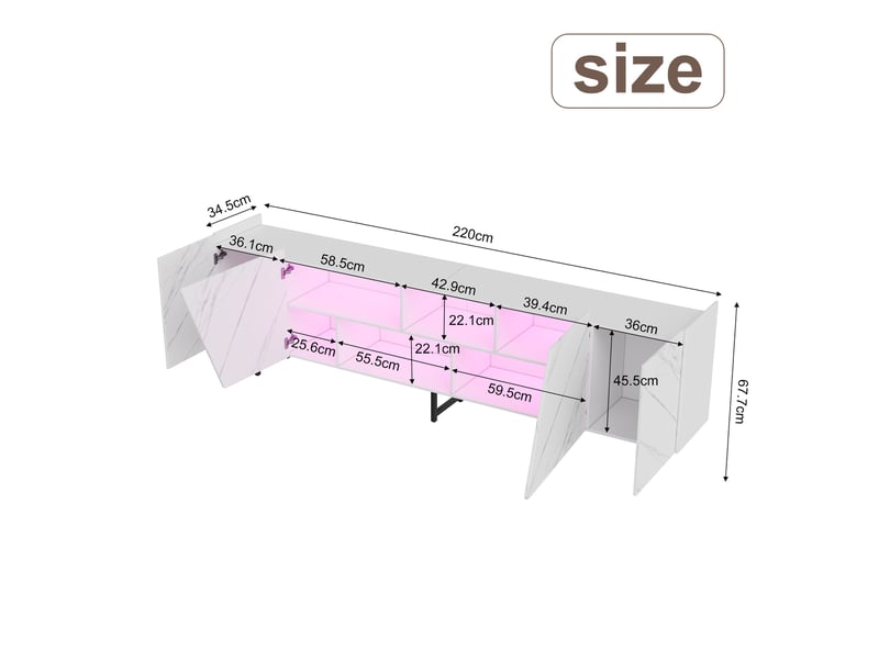  Meuble tv xxl 220x35x65cm - éclairage led rgb 7 couleurs - 4 portes et rangements ouverts - moderne chic - motif marbré - blanc  - Conforama E