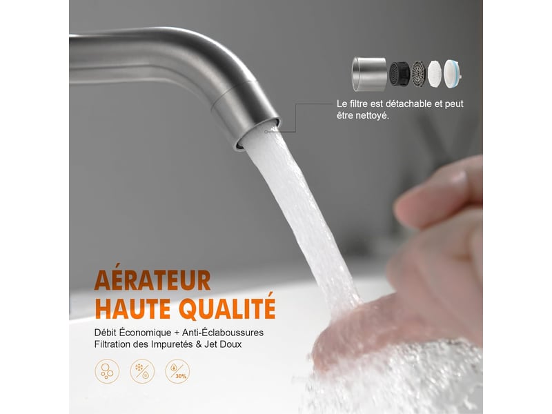  Robinet de lavabo moderne, mitigeur monocommande en acier inoxydable, valve céramique silencieuse, eau chaude et froide, finition grise, deux flexible QA000109 - Conforama E