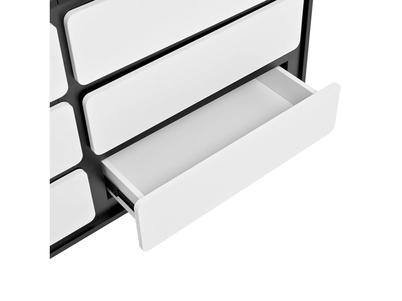  Commode 6 tiroirs 140x38x74,5 cm bords arrondis sécurité familiale pieds métal robustes panneau de particules blanc+noir  - Conforama E