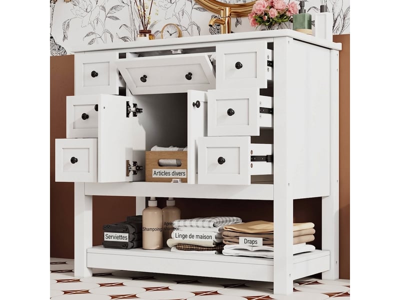  Meuble salle de bain sur pied 91 cm meuble vasque blanc laqué poignées noires  - Conforama D