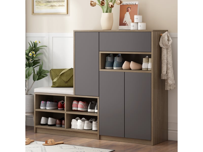  Meuble à chaussures 140x35x110 cm avec siège rembourré et étagères réglables, armoire de rangement gris pour entrée  - Conforama B
