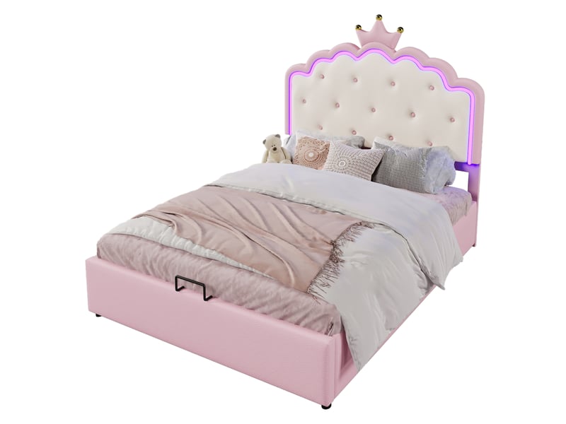  Lit enfant 140x200cm,lit coffre pour filles en pu avec lumière led,en forme de couronne,rose lit enfant rose - Conforama A