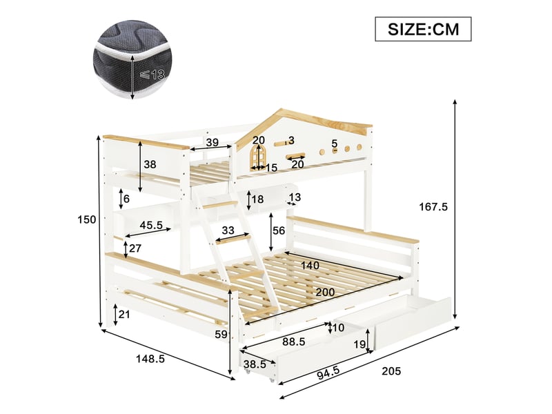  Lit superposé enfant 90x200 et 140x200 cm – blanc et naturel – 2 tiroirs de rangement – sans matelas  - Conforama C