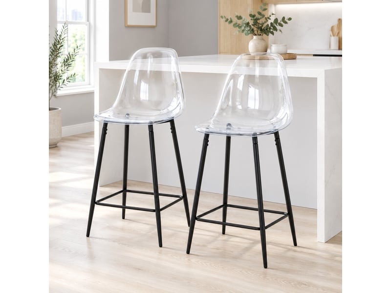  Lot de 2 tabourets de bar avec repose-pieds - lpospi - structure métal, cuisinebar - plastique transparent, noir  - Conforama C