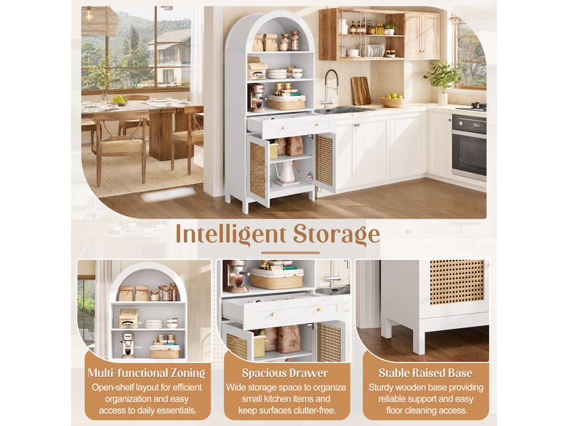  Buffet haut arqué 70x40x170 cm avec 2 portes effet rotin, 3 niches ouvertes, 1 tiroir, anti-basculement, blanc et bois naturel, salon entrée  - Conforama E