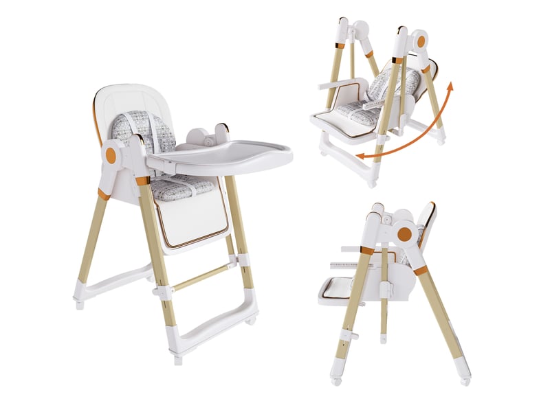  Chaise haute bébé 2-en-1 avec fonction basculante, ceinture de sécurité à 5 points, roues verrouillables, plateau amovible réglable, pliante et hauteur réglable, blanc  - Conforama A