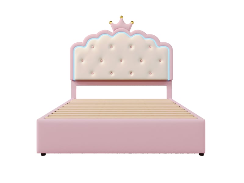  Lit rembourré rose 140x200 cm style princesse avec led, lit gigogne et 2 tiroirs  - Conforama A
