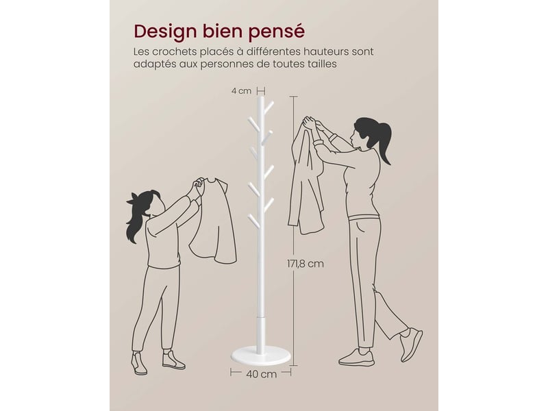  Portemanteau sur pieds avec 8 crochets pour manteaux et chapeaux 40 x 171,8 cm style moderne entrée en bois d'hévéa beige 12_0012220  - Conforama C