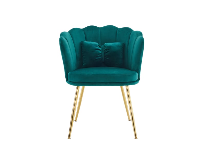  Fauteuil avec dossier capitonné en forme de pétales, coussin papillon et pieds métalliques, en velours vert  - Conforama A