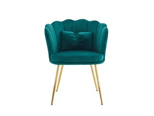 Fauteuil avec dossier capitonné en forme de pétales, coussin papillon et pieds métalliques, en velours vert