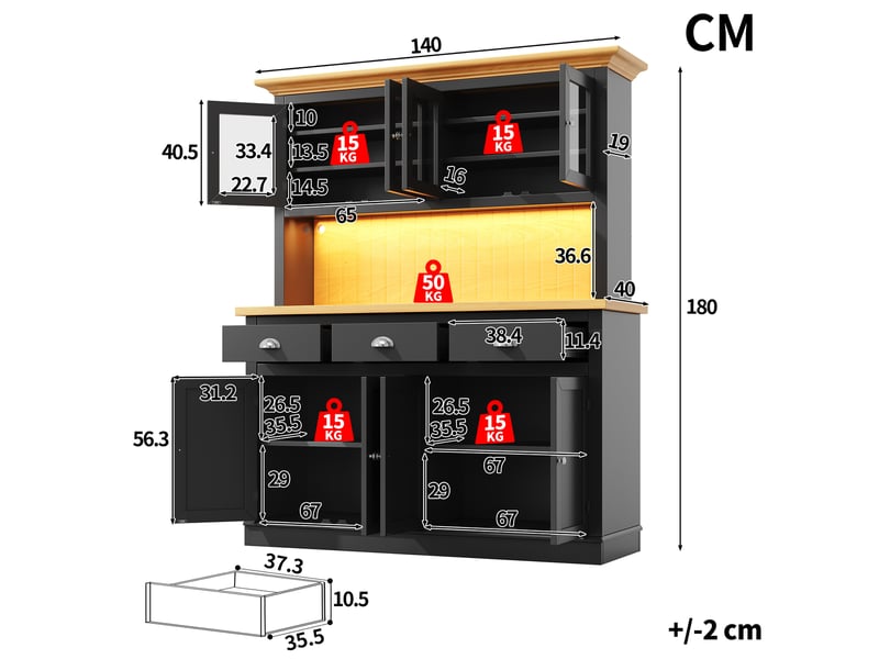  Buffet de cuisine 8 porte(s) 3 tiroir(s) - 140 cm noir led mdf  - Conforama C