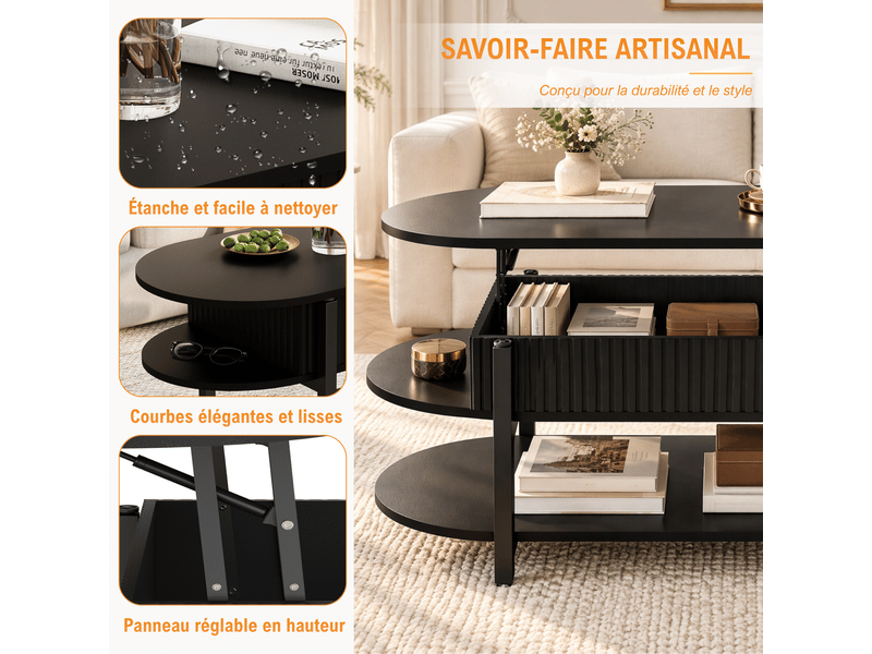 Table basse ovale relevable salon - rangement caché - 2 étagères ouvertes, table basse style crème minimaliste - panneaux cannelés verticaux, table basse multifonction à plateau réglable en hauteur pour salon - nior - Conforama D