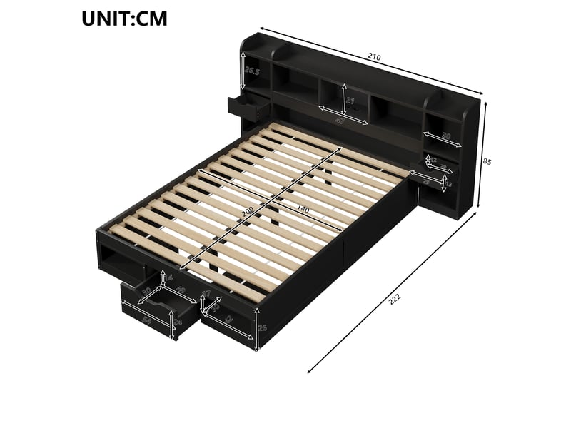  Lit adulte 140 x 200 cm, avec tête de lit dotée d'un espace de rangement, de tiroirs, d'une lampe led et d'un port usb, noir  - Conforama C