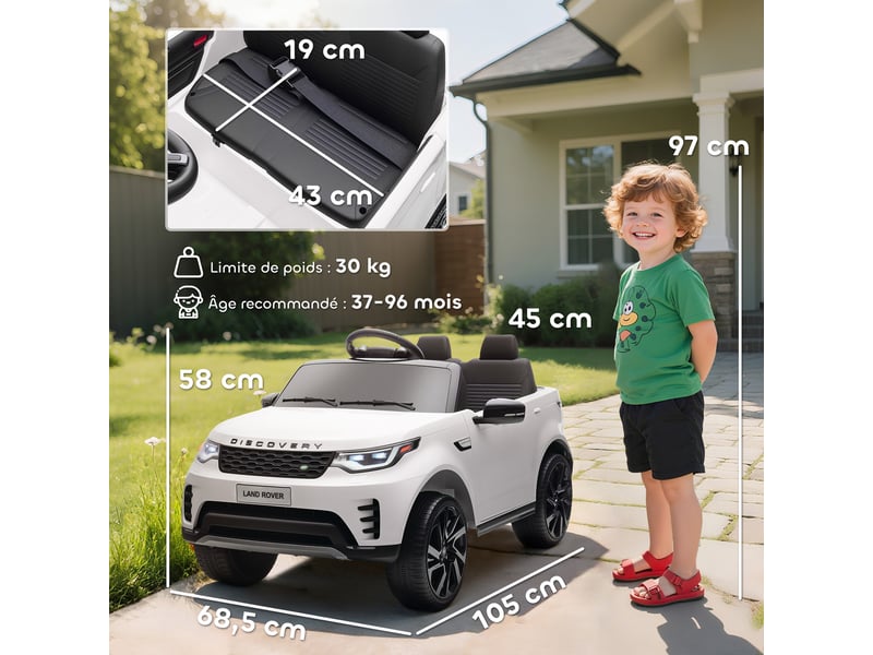  Voiture électrique enfant véhicule électrique land rover discovery 12v télécommande 2,4 g 2 moteurs 105x68,5x58cm blanc  - Conforama E