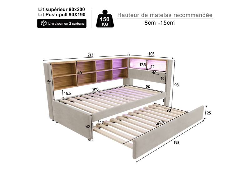  Lit banquette gigogne 90x200 cm en flanelle gris clair, led, prises et rangements, couchage 90x190 cm  - Conforama C