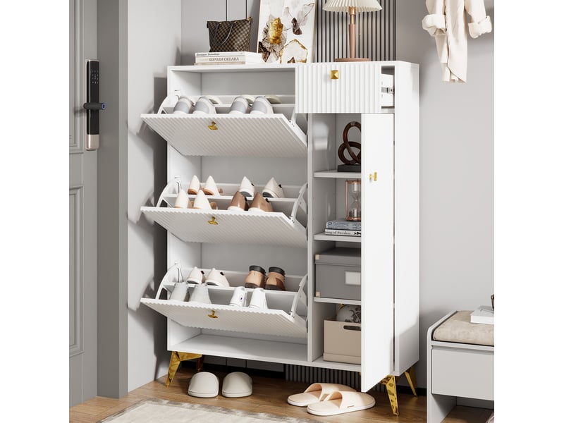  Meuble à chaussures blanc 90x25x121 cm avec 3 abattants, 1 tiroir et 1 porte  - Conforama C