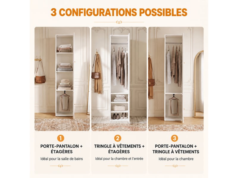  Armoire penderie 135x50x200 cm blanche, 3 portes à lattes, 3 tiroirs, 2 tringles et porte-pantalons  - Conforama D