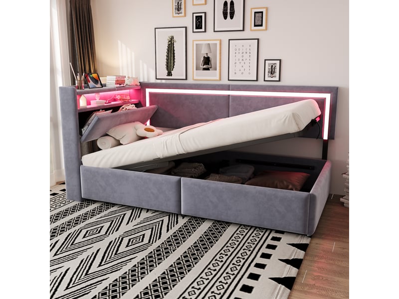  Lit simple 90x200 cm avec éclairage led et port usb, canapé-lit rembourré avec tête de lit en velours, gris clair, lit à vérins  - Conforama C