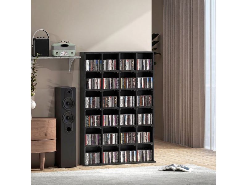  Meuble à cd avec étagères réglables pour 456 cd ou 336 dvd, 24 compartiments, 89 x 20 x 130,5 cm, noir  - Conforama D