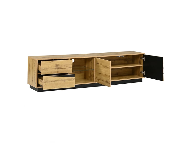  Meuble tv bois et noir 180 x 35 x 45 cm, led, 2 tiroirs, 2 portes, étagère en verre  - Conforama D