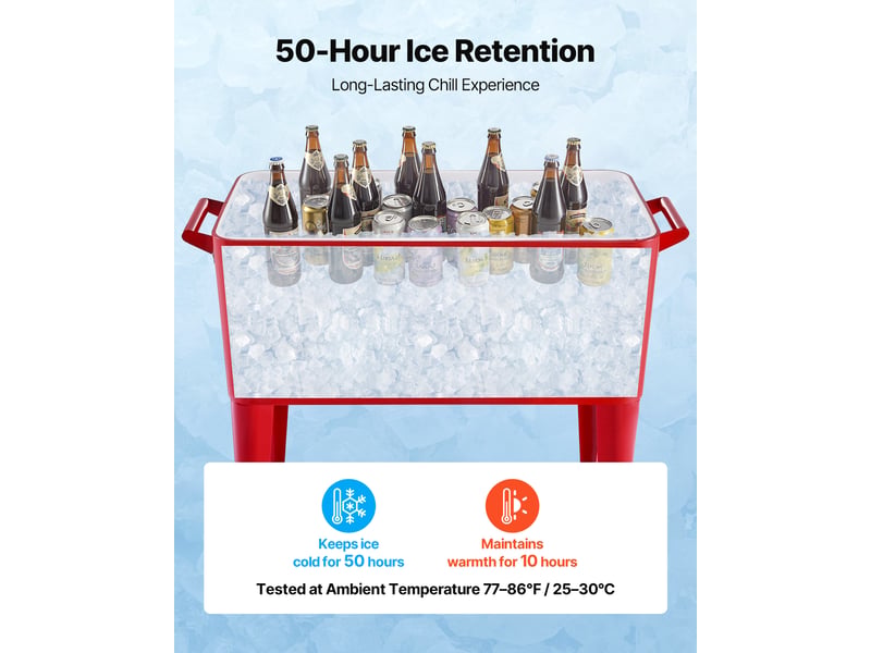  Vevor glaciere a roulettes isotherme contenance de 75,71 l 50 bouteilles110 canettes, chariot bar exterieur avec decapsuleur, chariot refrigere a boissons pour terrasse jardin cafe bar, rouge  - Conforama E
