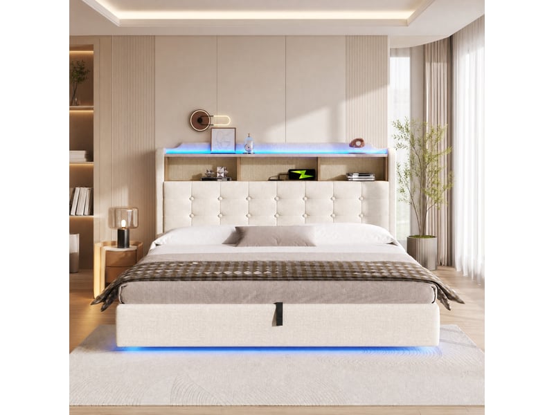  Lit coffre 180 × 200 cm à rangement hydraulique, led, prises usb et type-c, tête de lit relevable, beige pour chambre  - Conforama D
