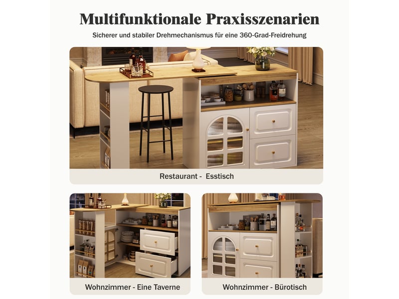  Bar pivotant blanc 138-204 × 39 × 104 cm en mdf, rotation 360°, 2 tiroirs, étagères ouvertes et vitrine en verre courbé  - Conforama D
