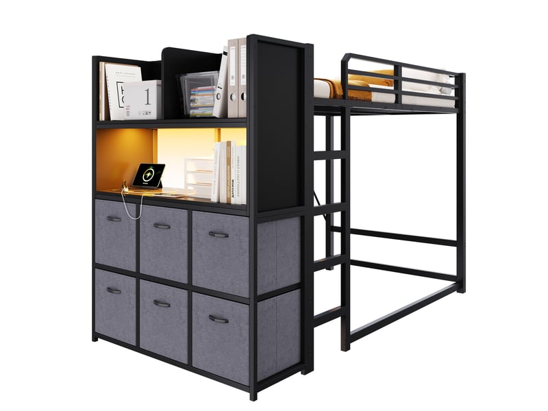 Lit mezzanine 120 × 200 cm 1 place avec étagères, tiroirs, éclairage et station de charge, sans matelas, noir gris - Conforama A