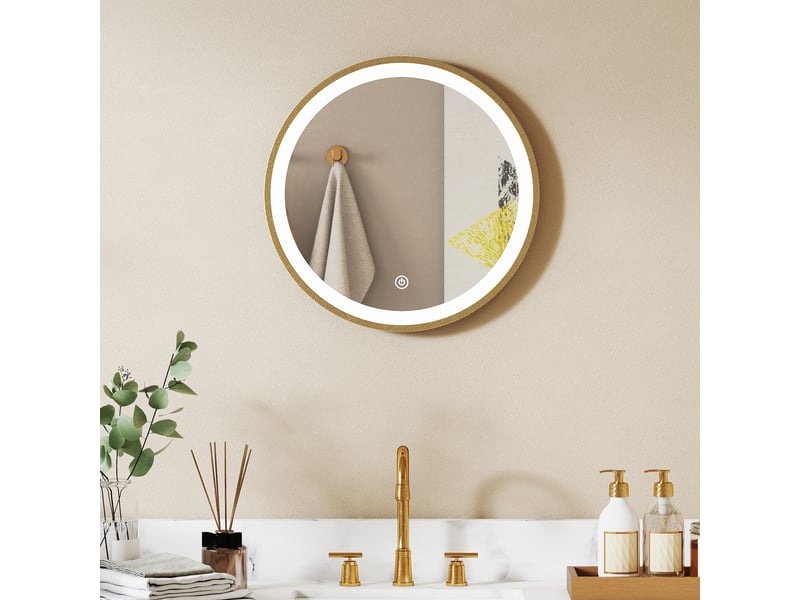  Miroir salle de bain avec éclairage led rond 40 cm, miroir lumineux mural à 3 températures de couleur, dimmable, doré  - Conforama C