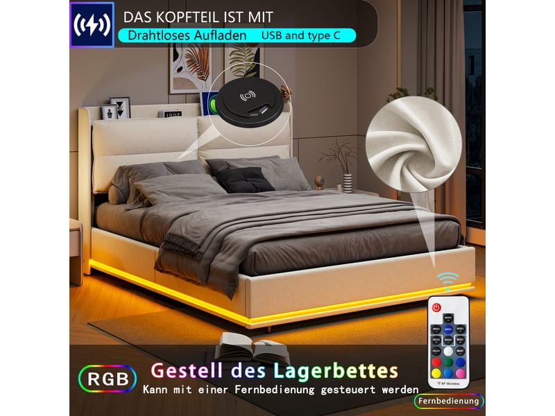 Lit double 140x200 cm , led, lit 2 place avec usb et type-c, beige, velours,cadre de lit coffre 140x200 cm, lit 2 place - Conforama R