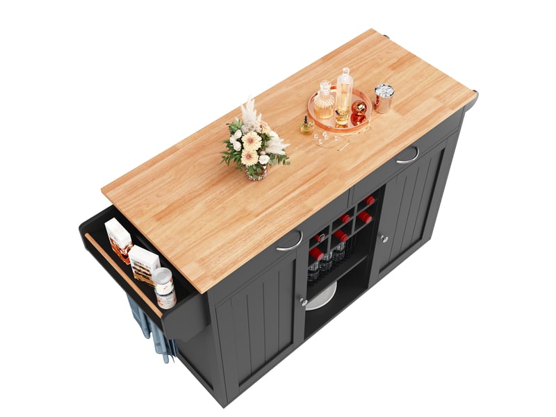  Desserte 102x45x92 cm îlot de cuisine avec roulettes et rangement bouteilles, noir et bois  - Conforama E
