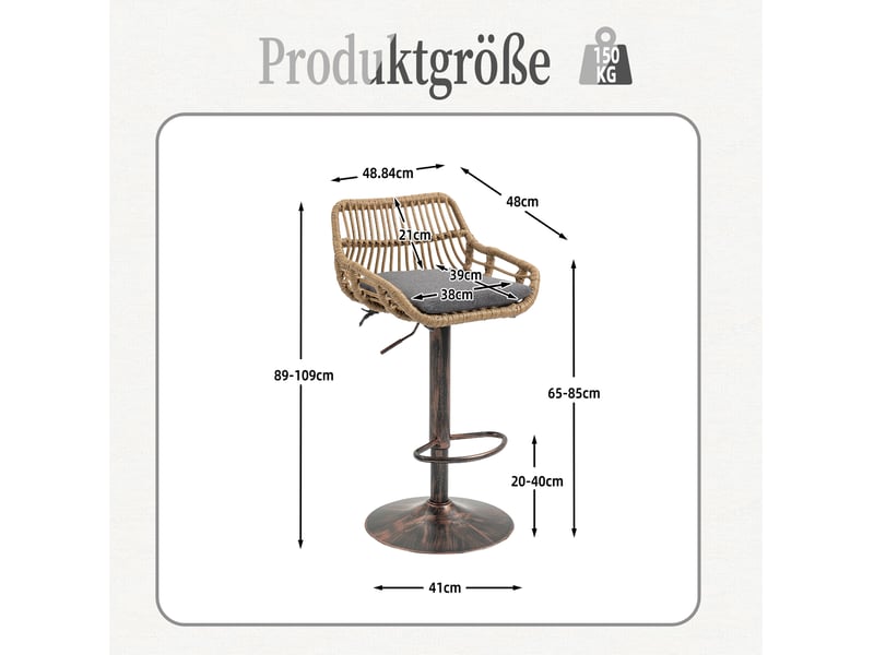  Lot de 2 chaises 49 x 48 x 89-109 cm design rétro, lin, robuste et confortable, rotin pe et base acier, gris  - Conforama C