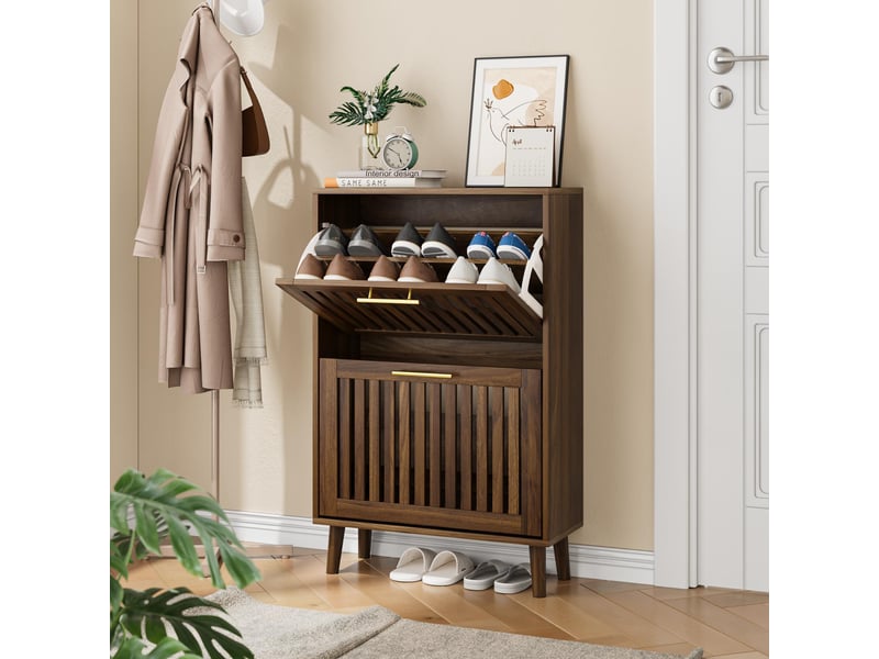  Meuble à chaussures 60 x 24 x 93 cm - 2 portes abattantes à grille – style mid-century modern -bois - noyer  - Conforama D