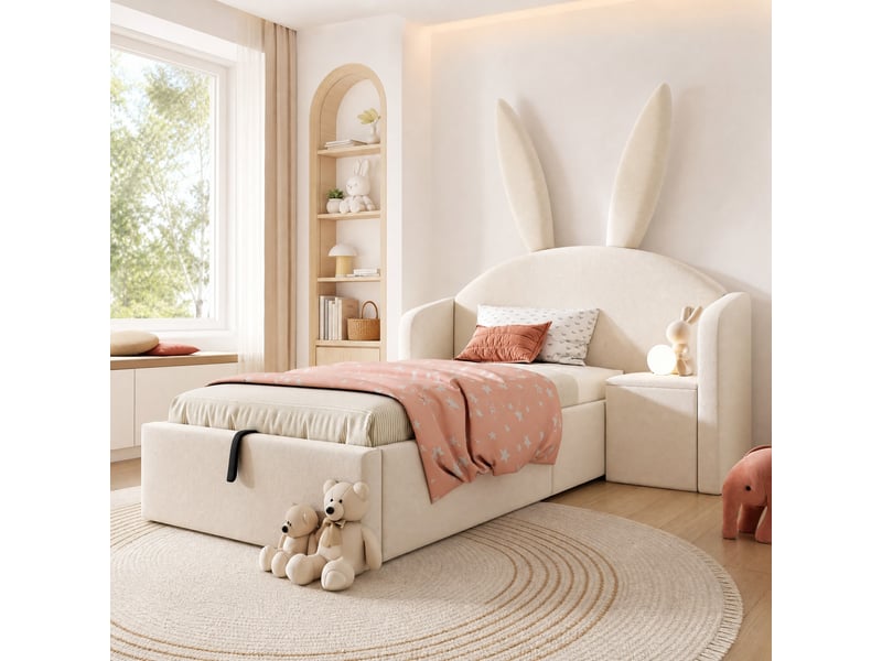  Lit coffre 90x190 cm avec table de chevet, tête de lit à oreilles de lapin en velours beige  - Conforama B