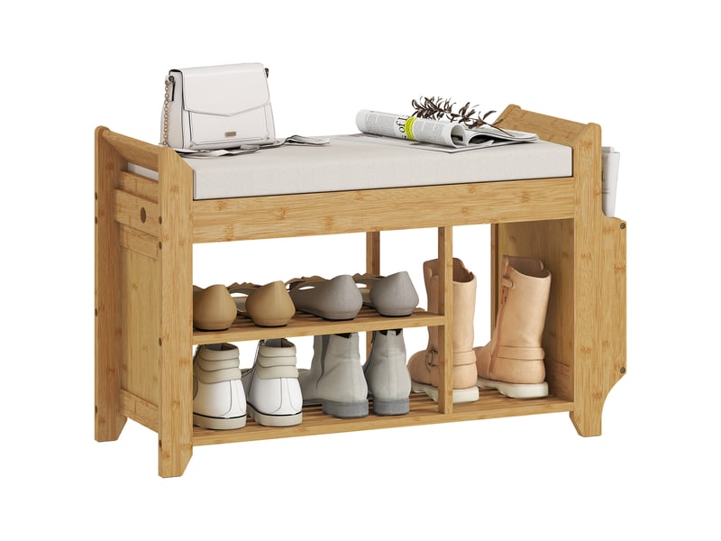  Banc à chaussures avec assise rembourrée, rangement latéral, porte-bottes, structure en bambou, 80 x 30 x 50 cm, naturel  - Conforama B