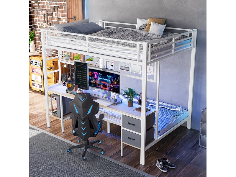  Lit superposé enfant 140x200 cm avec bureau, rangements et led blanc  - Conforama D