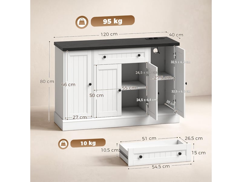  Buffet avec station de charge 3 portes 1 tiroir blanc et noir 120x40x80 cm  - Conforama C