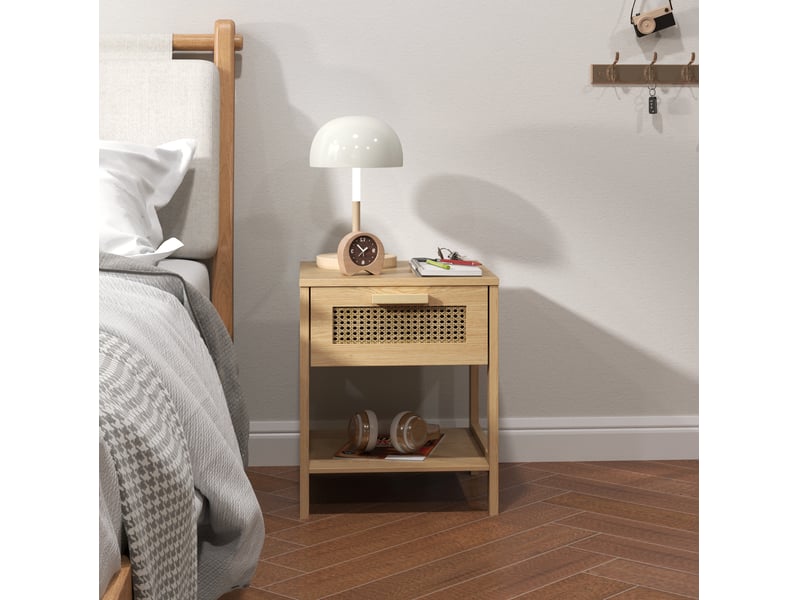  Table de chevet 40x40x48,4 cm en bois naturel avec tiroir et façade en rotin  - Conforama D